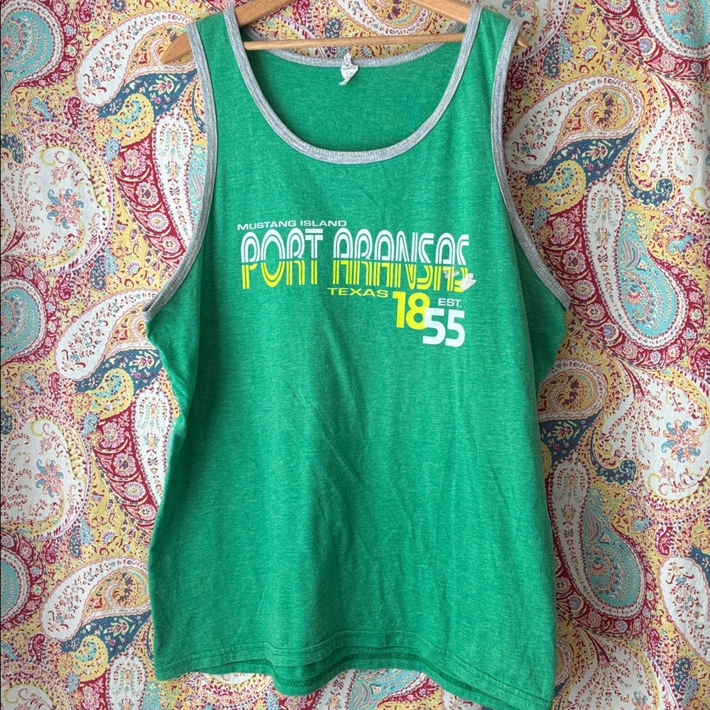VTG 80s 90s Mustang Island Port Kansas Texas Anvil Tank Top sz L Green trashed